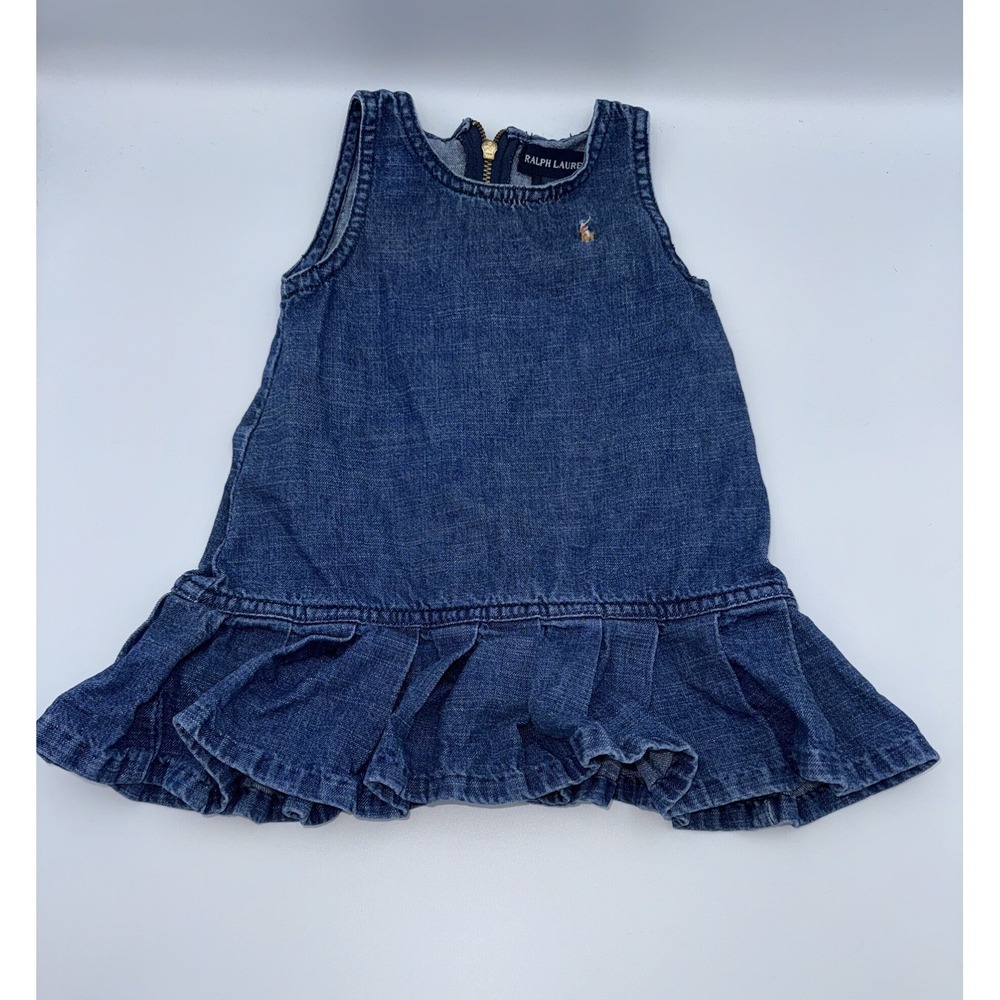 Vintage Ralph Lauren Denim Infant Dress Size 9m Classic Ruffled Hem Embroidered